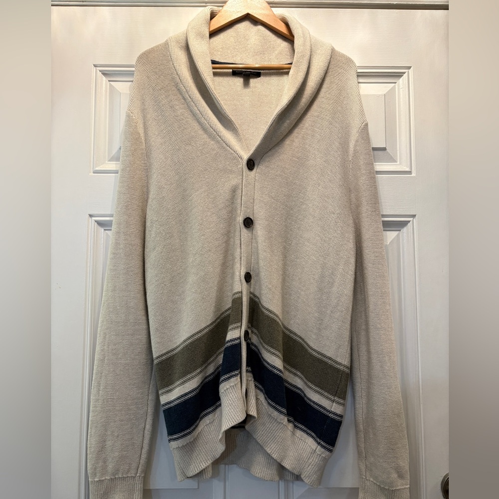 Banana Republic Men's Cream Shawl Neck Cardigan with Stripes XL Grandpacore Prep